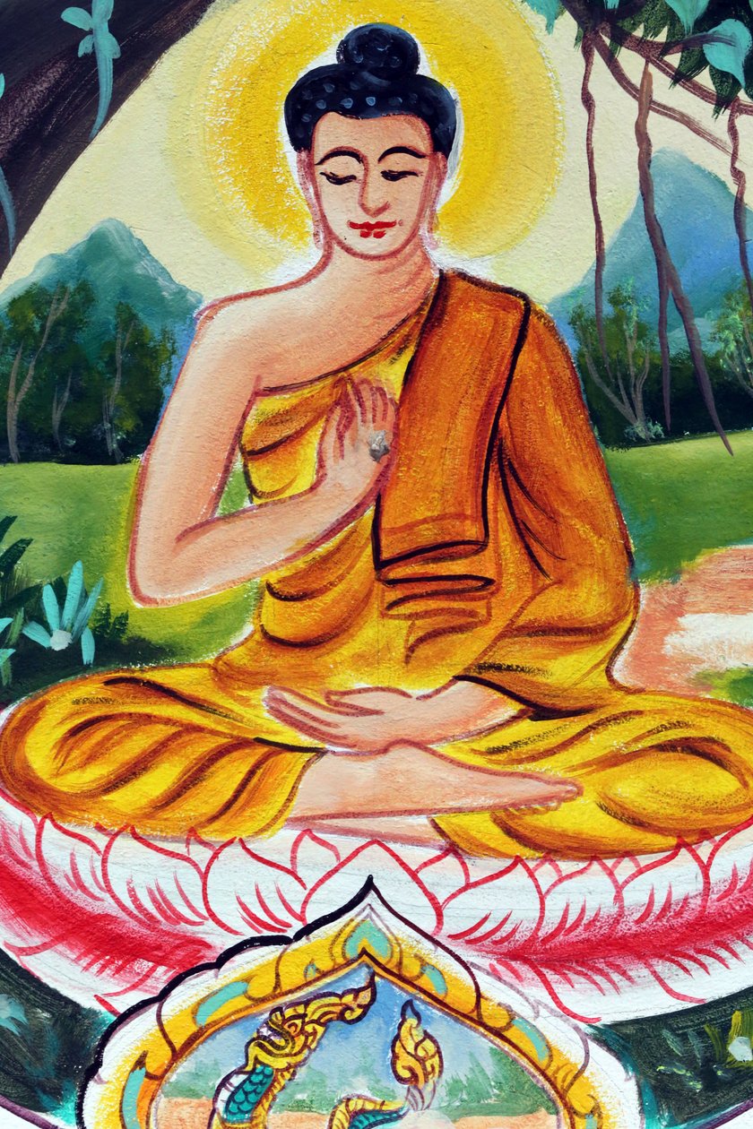Templo budista Wat Inpeng. Pintura que representa la historia de la vida de Shakyamuni Buda. El Buda enseñando representa un momento particular en la vida del Buda, a saber, el primer sermón que dio después de alcanzar la Iluminación de Unbekannt