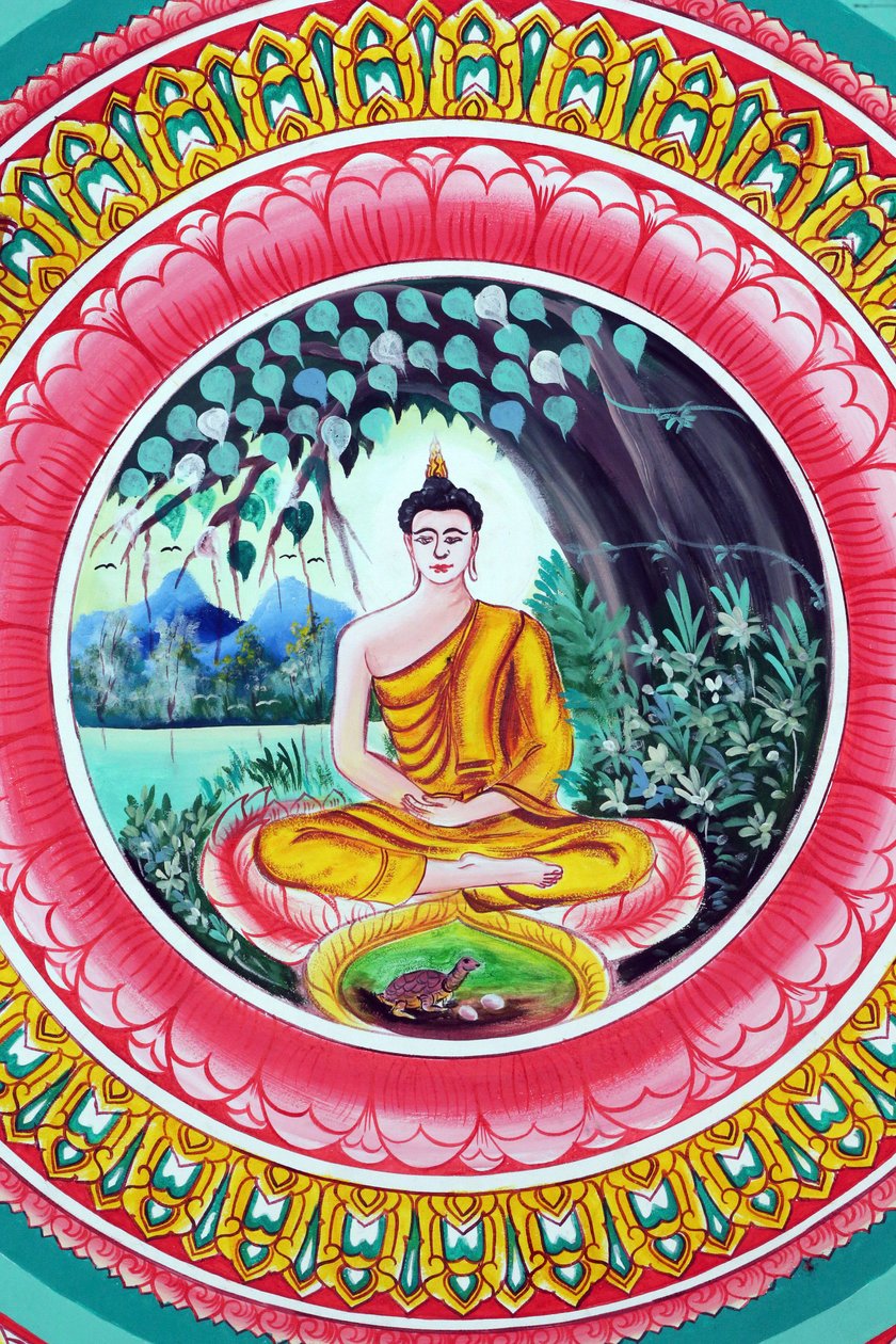 Templo budista Wat Inpeng. Pintura que representa la historia de la vida de Shakyamuni Buda. Buda sentado en la pose de meditación de Unbekannt