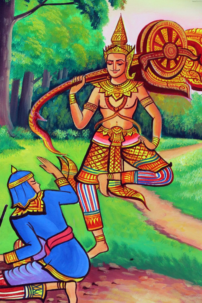 20151029, Vientián, Laos: Templo budista Wat Si Muang (Simuong). Pintura que representa la historia de la vida de Buda Shakyamuni de Unbekannt