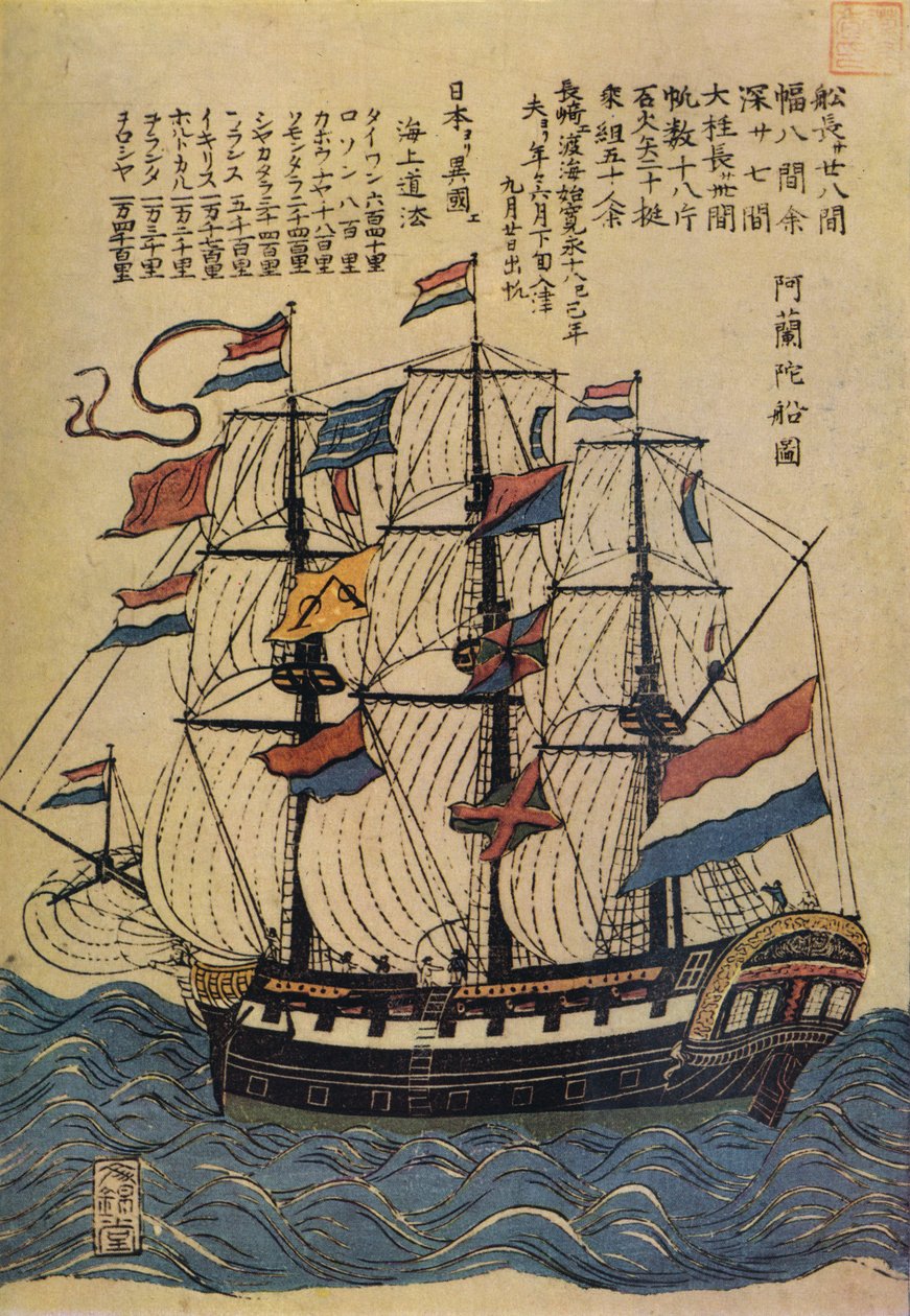 Impresión en color de Bunkindo de un barco holandés con texto descriptivo, c. 1800, 1936 de Unbekannt