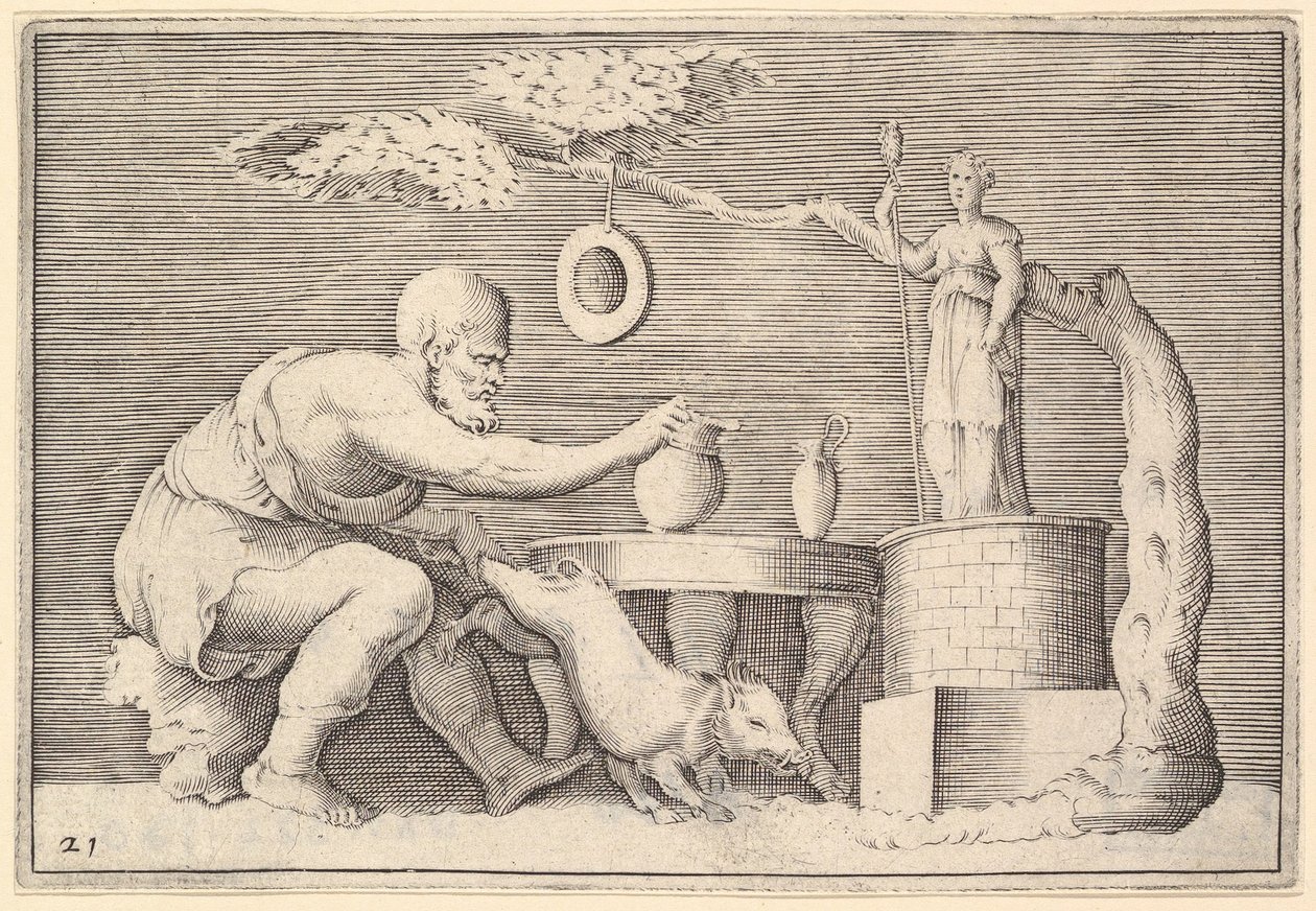 Un fauno o sátiro preparando un cerdo para el sacrificio de Unbekannt