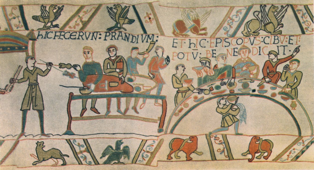 Un banquete (detalle) del Tapiz de Bayeux, finales del siglo XI, 1944 de Unbekannt
