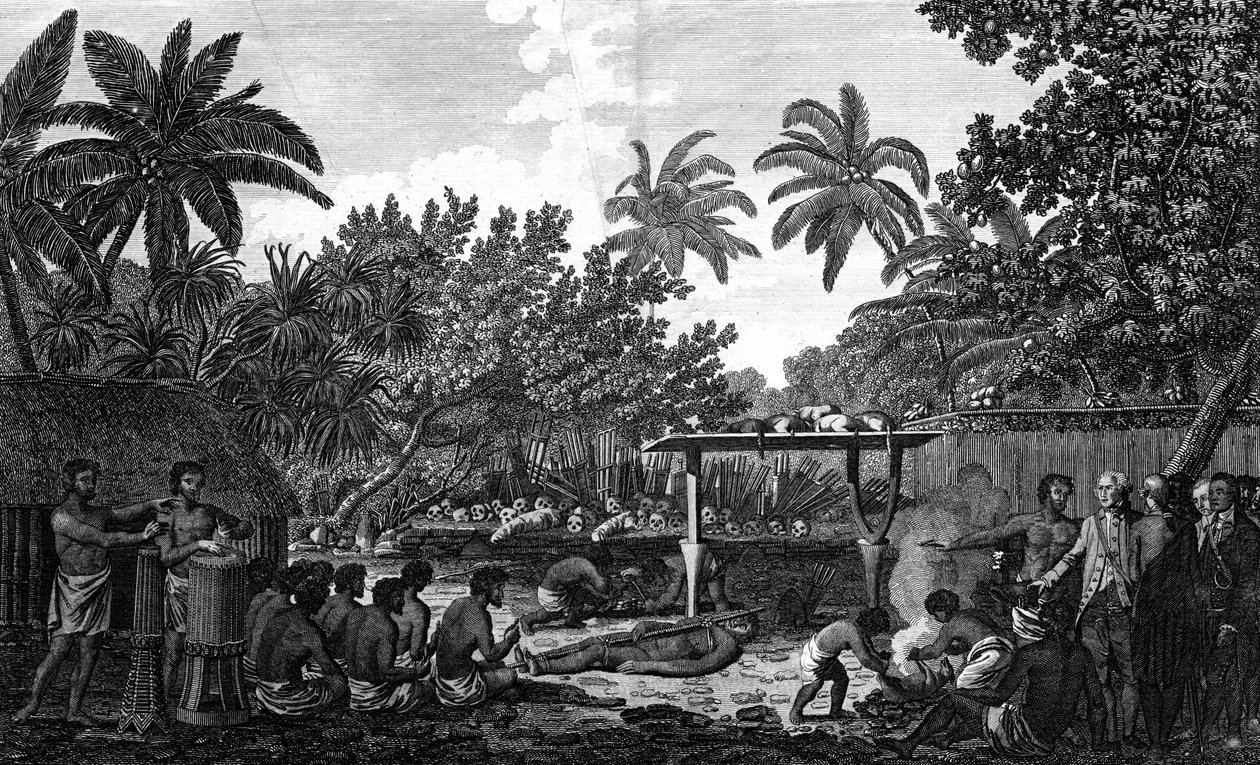 Un sacrificio humano en un Morai, en Otaheite, en presencia del Capitán Cook, c1773 de Unbekannt