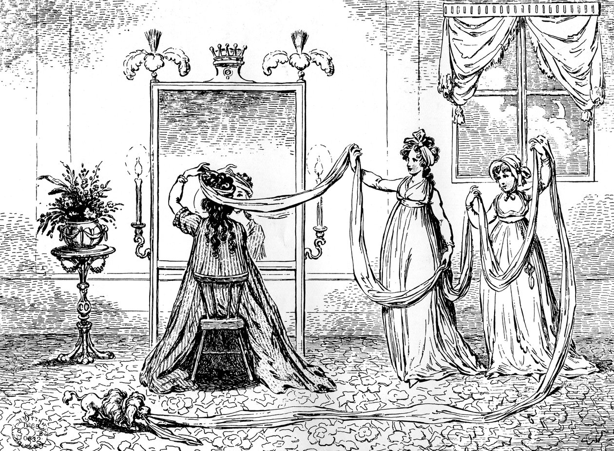 Una dama poniéndose su gorro, junio 1795 de Unbekannt