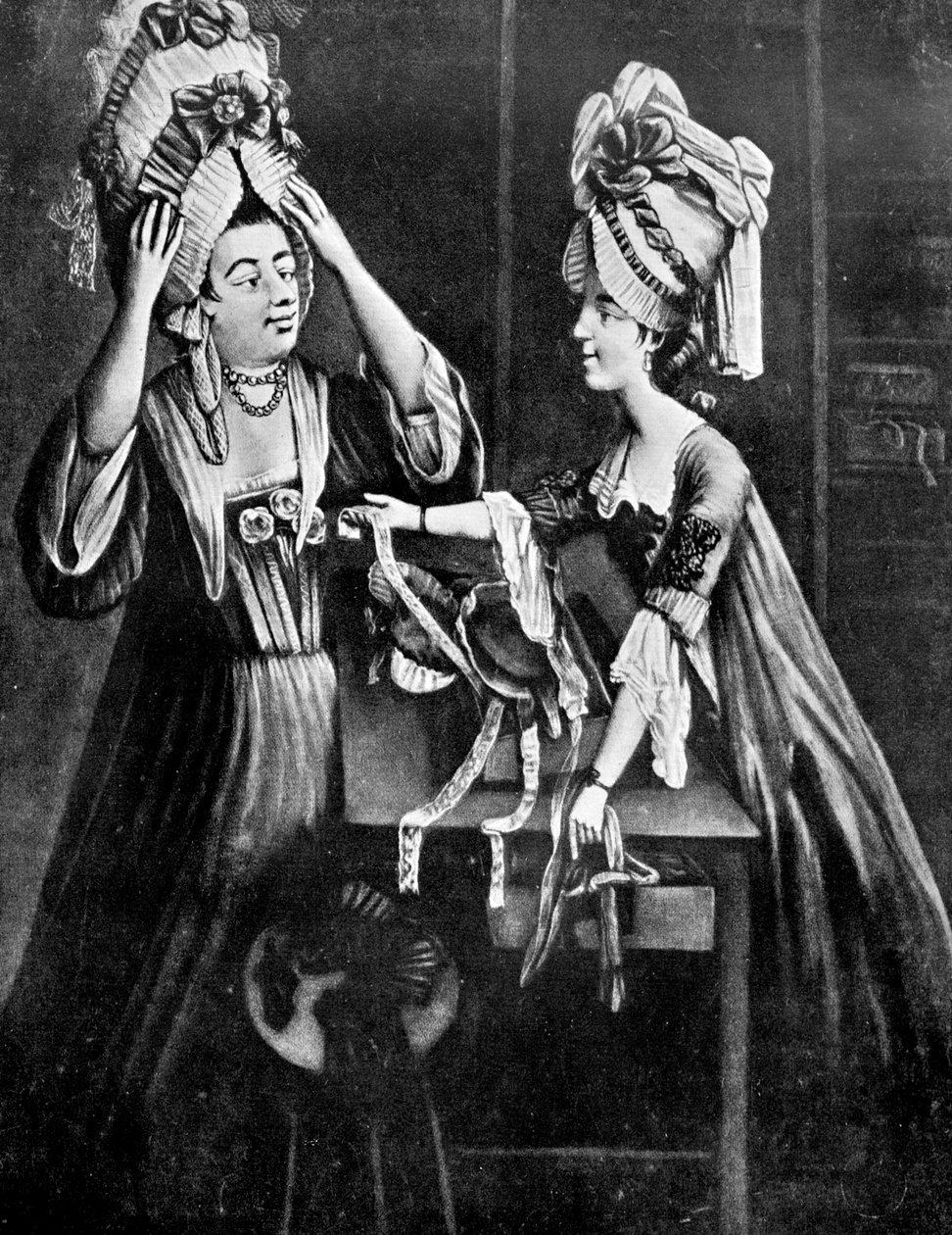 Una tienda de sombrerera, la esposa del carnicero Sra. Monopolize comprando un tocado moderno, 1772 de Unbekannt