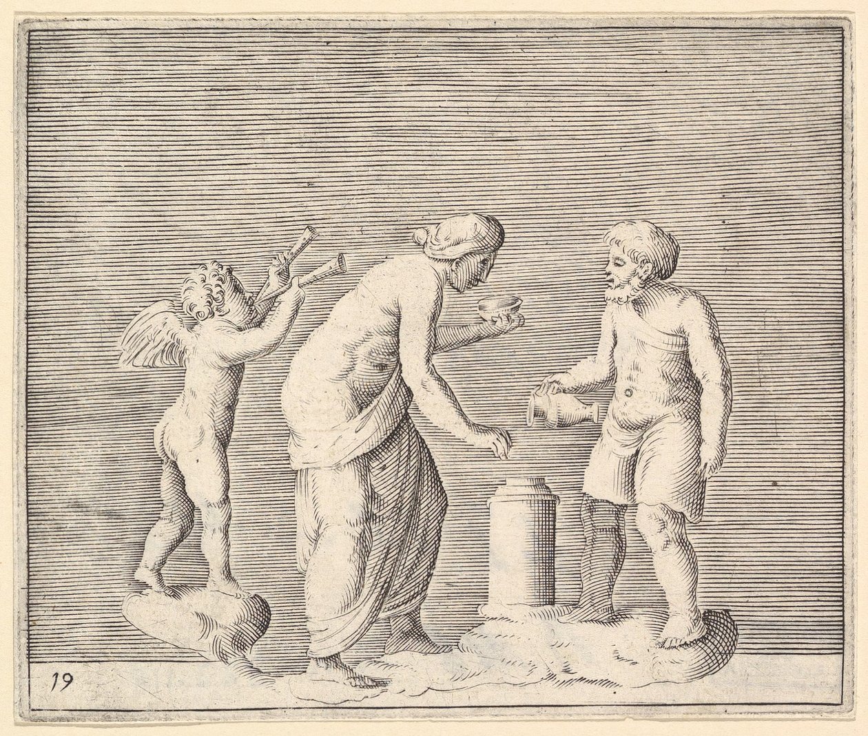 Una mujer y un hombre sacrificando en presencia de Cupido, publicado ca. 1599-1622 de Unbekannt