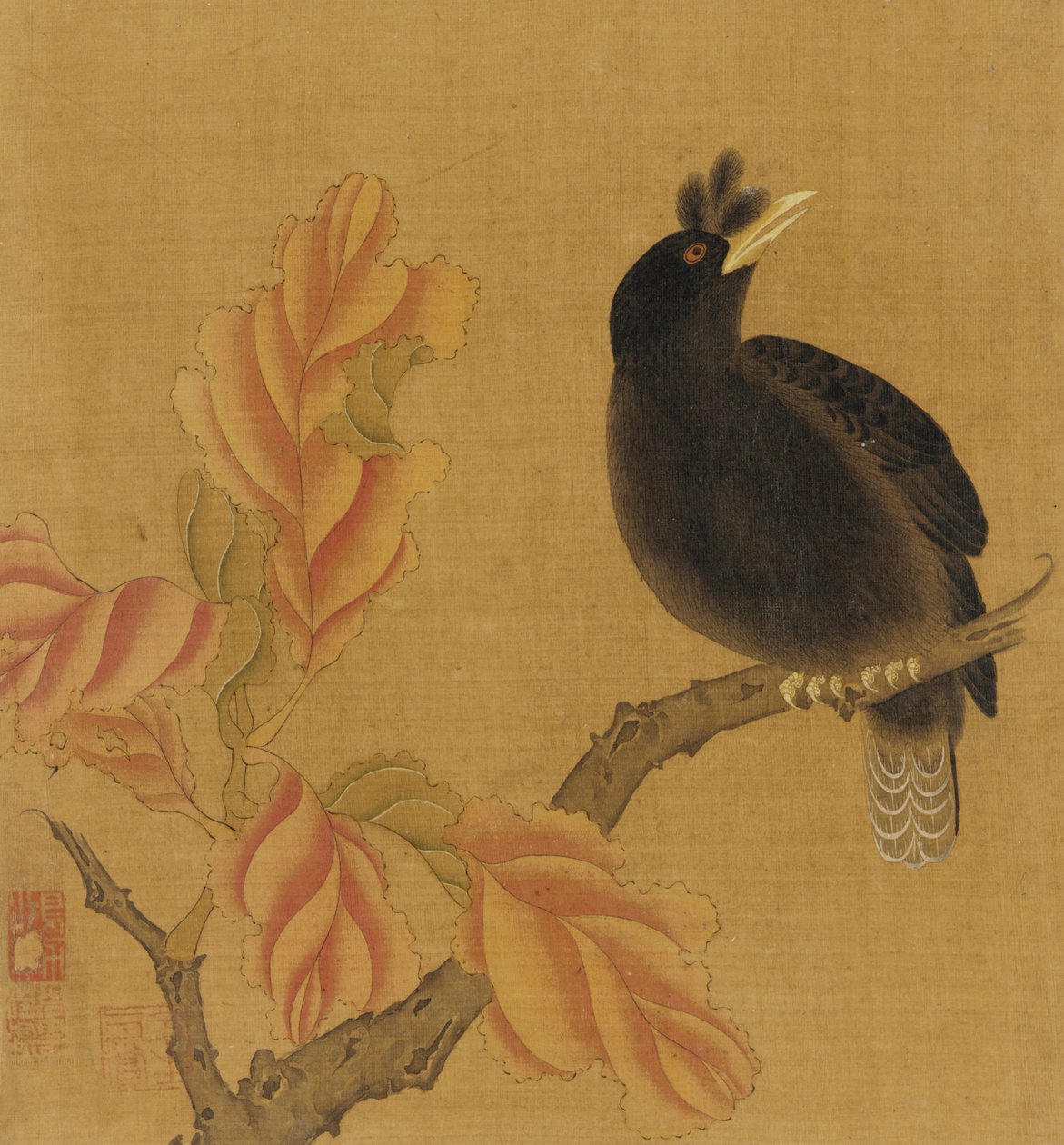 Un mirlo en una rama, hojas de otoño, dinastía Qing, siglo XVIII de Unbekannt