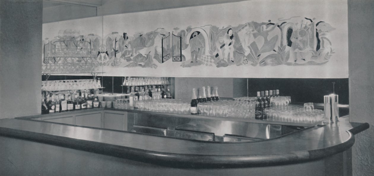 Un mural de bar de cócteles en linóleo tallado y esmaltado en el Hotel Berkeley, Montreal, 1942 de Unbekannt