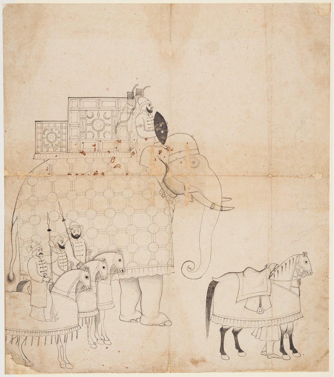 Un dibujo de elefante y caballos enjaezados, c. 1760 de Unbekannt
