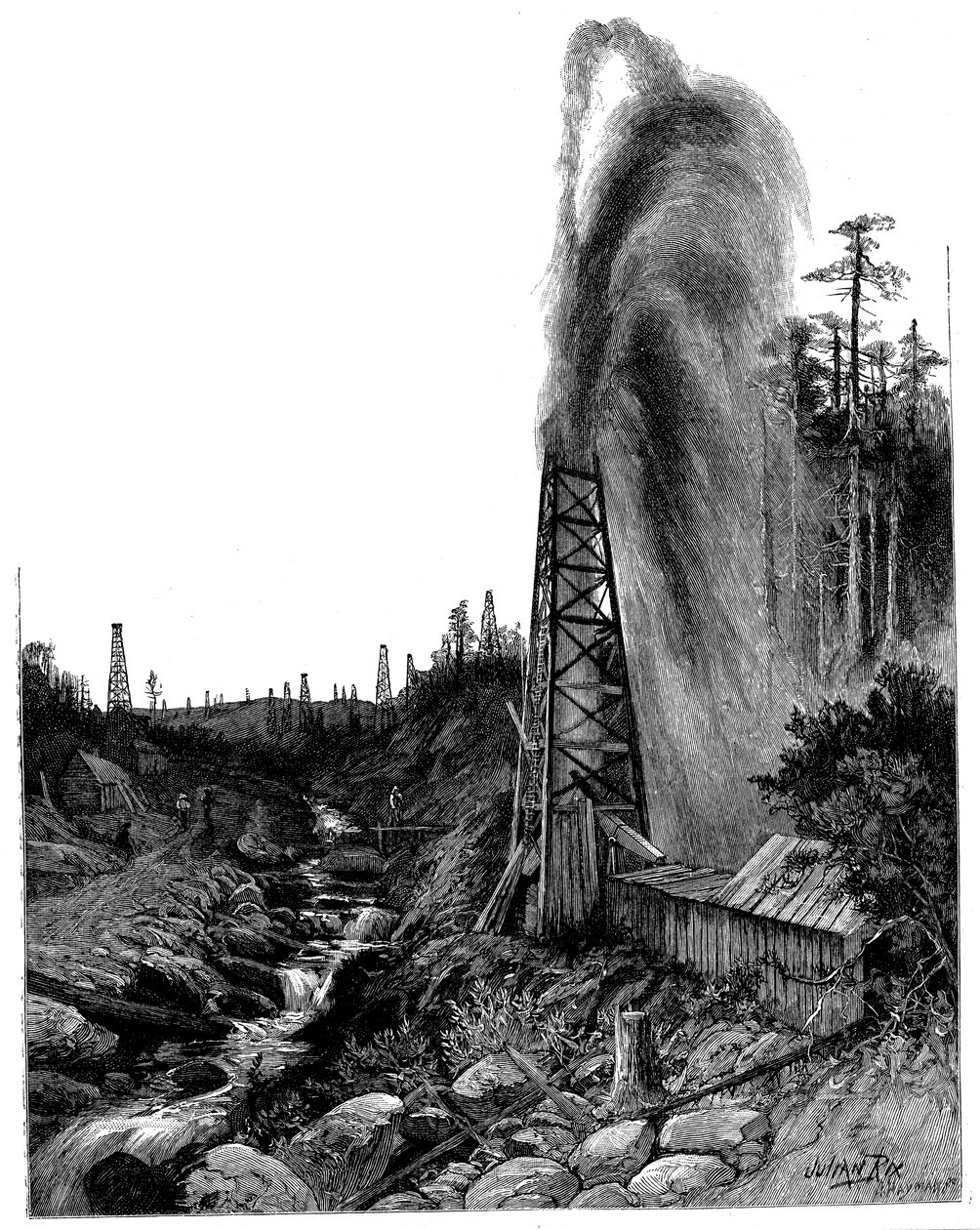 Un chorro en los campos petrolíferos de Pensilvania, EE.UU., 1886 de Unbekannt