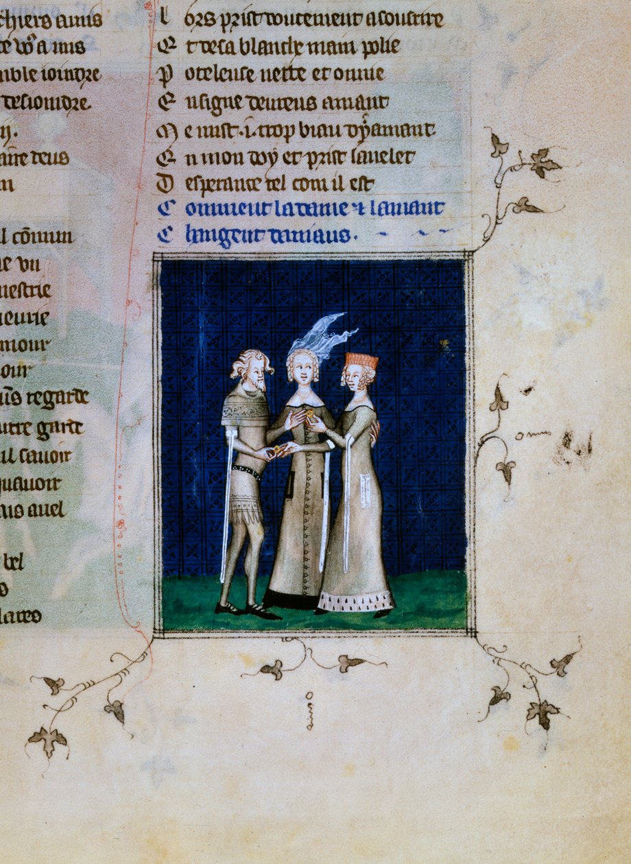 Un caballero y una dama intercambiando anillos, c. 1350 de Unbekannt
