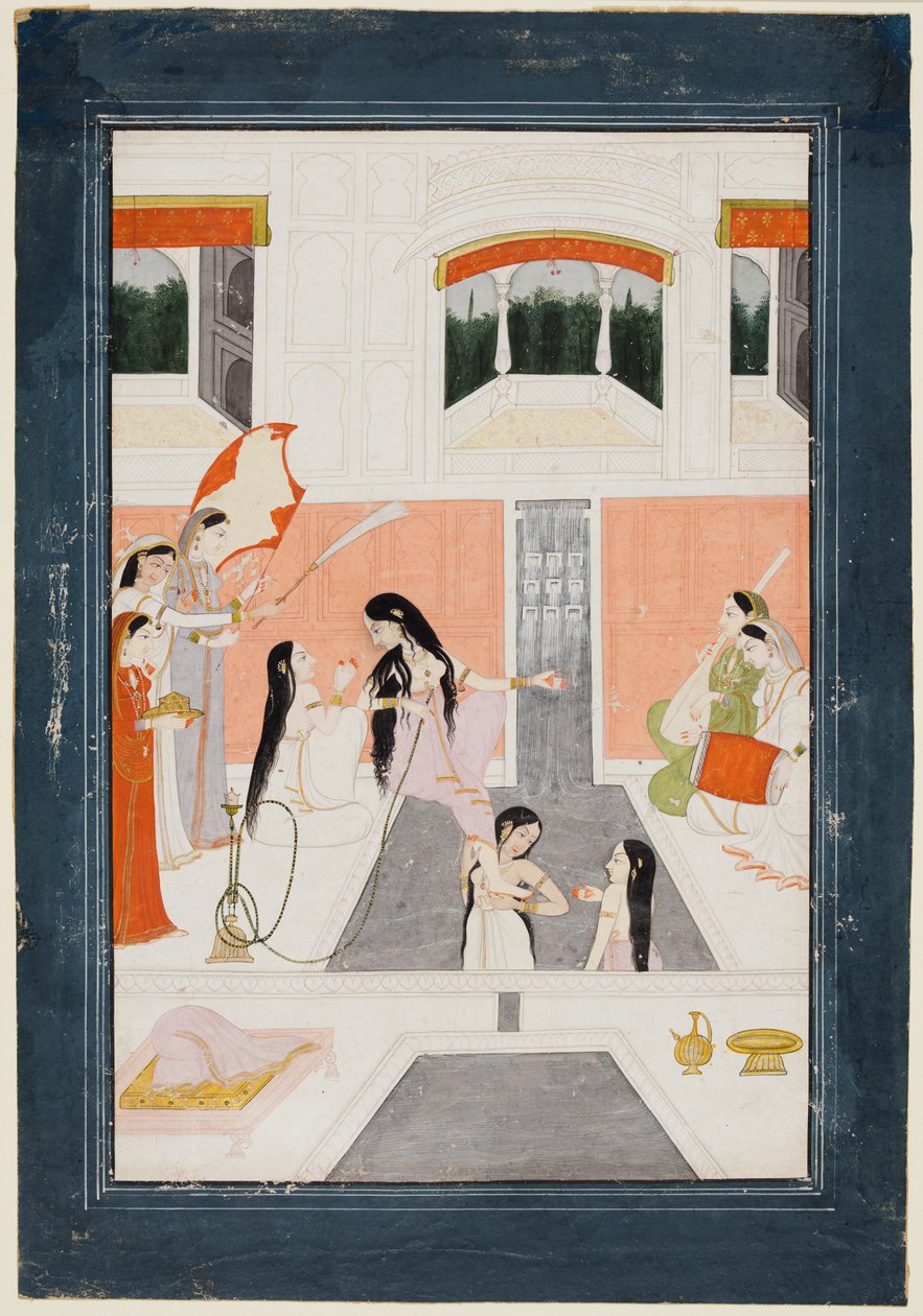 Una dama en su tocador escucha música al lado de una cascada de agua del palacio, c. 1780 de Unbekannt