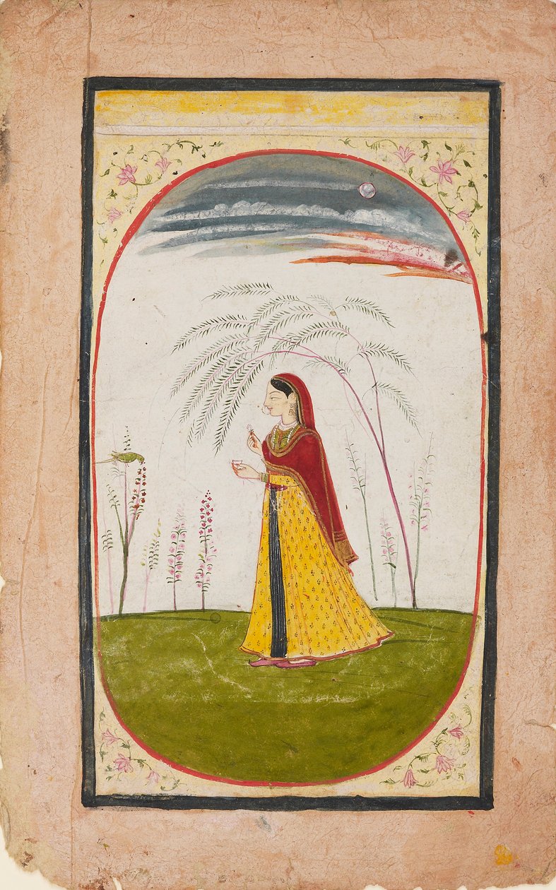 Dama en un paisaje escaso, sosteniendo una flor y una copa, principios del siglo XIX de Unbekannt