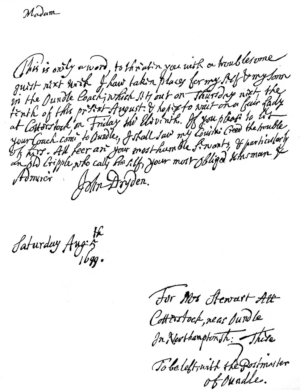 Una carta escrita por John Dryden 1631-1700, poeta inglés, 1699 1840 de Unbekannt