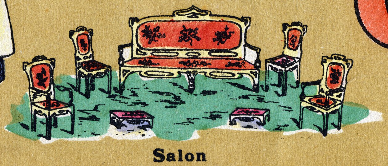 Un salón con sillón, sillas y reposapiés. Alfabeto ilustrado. Imágenes reunidas en Jarville-Nancy, principios del siglo XX. Dim: 40 x 29 cm. Litografía sobre fondo bistre de Unbekannt