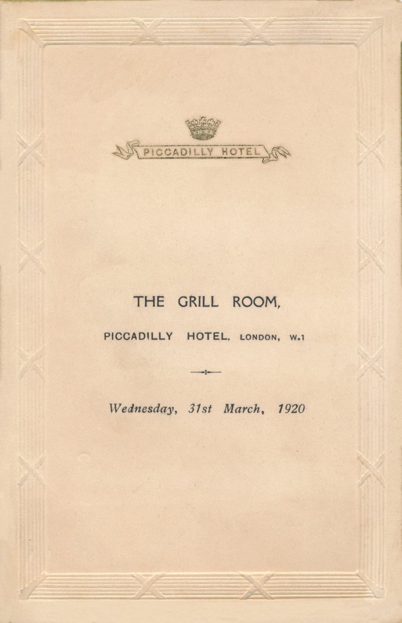 Un menú para The Grill Room del Hotel Piccadilly, Londres, 1920 de Unbekannt