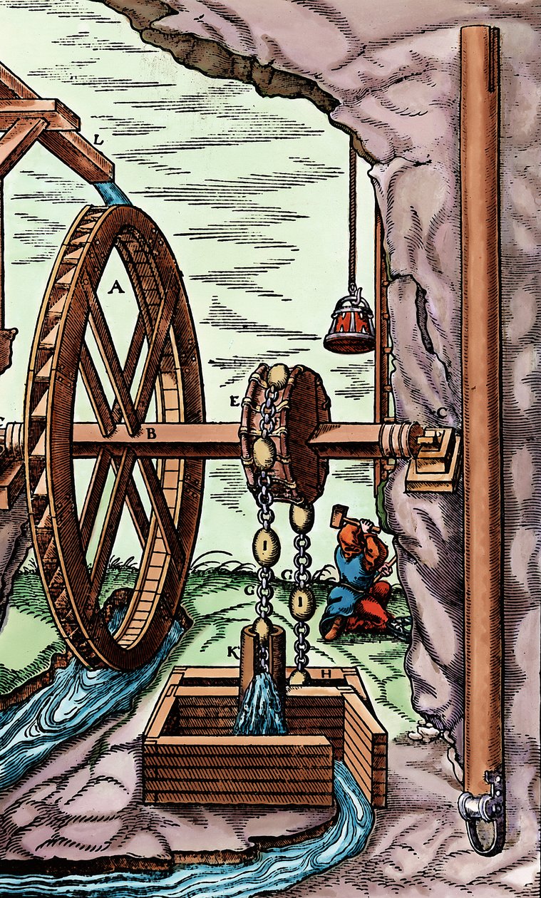 Una mina siendo drenada por una bomba de trapo y cadena accionada por una rueda hidráulica, 1556 de Unbekannt