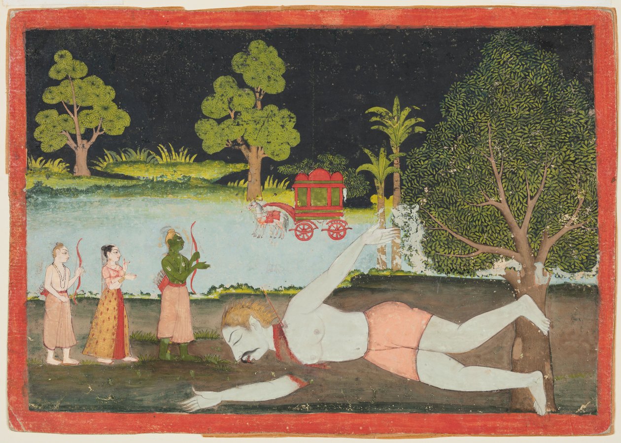 Una página del Ramayana: Rama, Lakshman y Sita ante un gigante muerto, c. 1770 de Unbekannt
