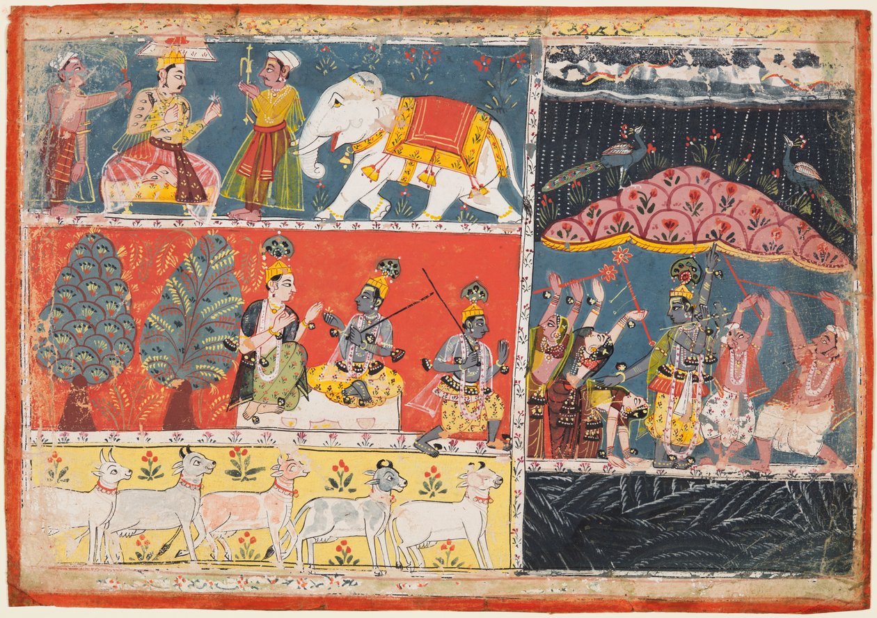 Una página del Bhagavata Purana: Indra envía un torrente de lluvia, Krishna levanta el Monte Govardhana, 1686 de Unbekannt