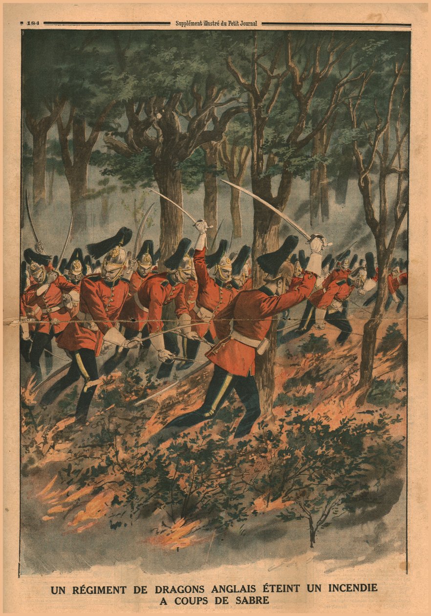 Un regimiento de dragones ingleses apaga un incendio con golpes de sable, 1914 de Unbekannt