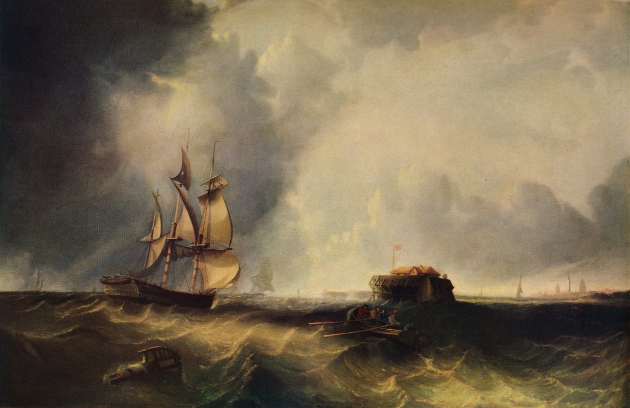 Un barco y hombres en un bote de remos frente a Calais, c1830, 1938 de Unbekannt