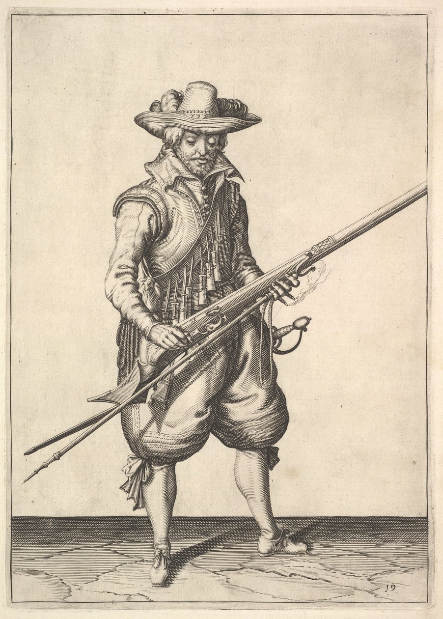 Un soldado sacudiendo el polvo de la parte superior de la cacerina, de la serie Mosqueteros, placa 19 de Unbekannt