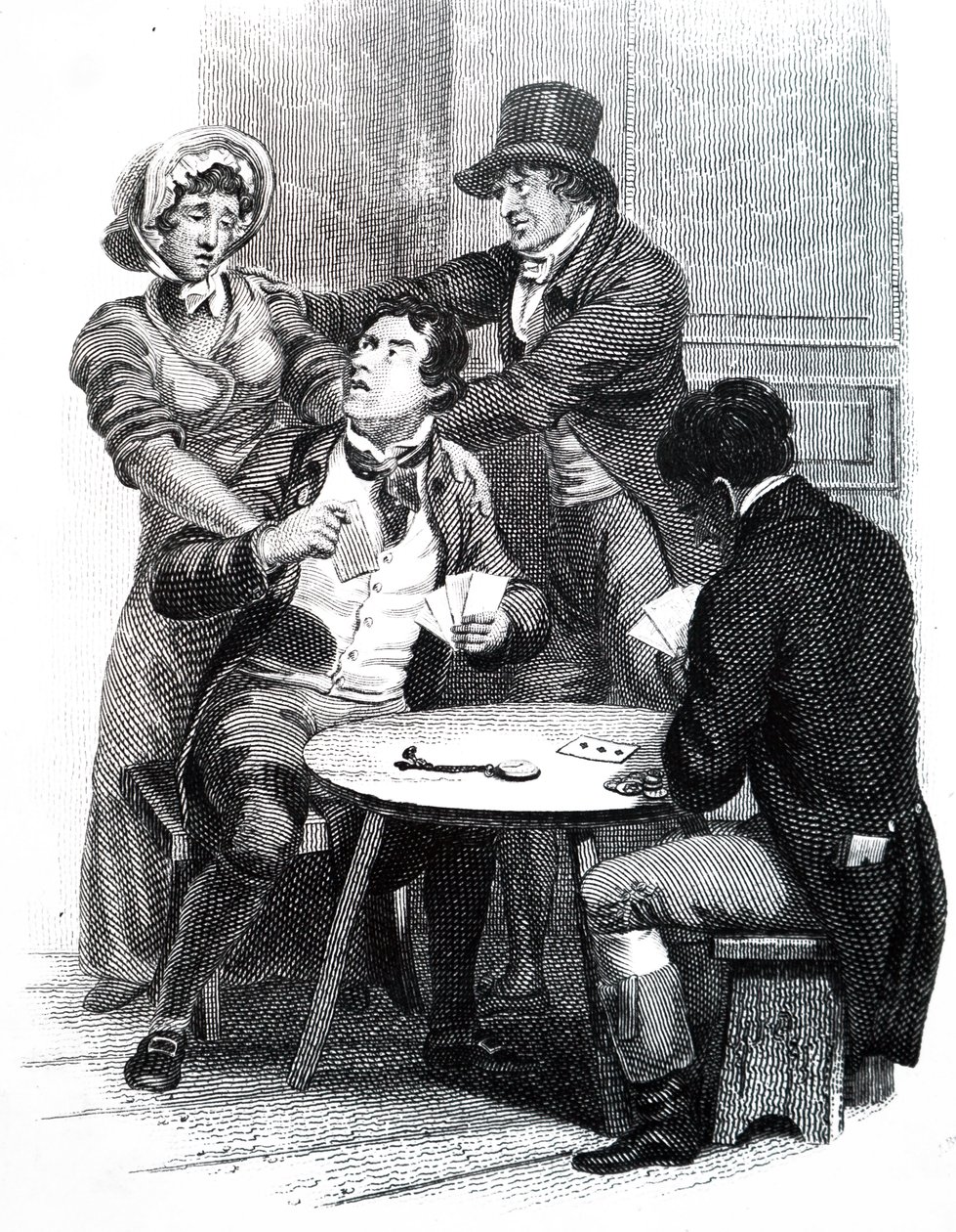 Una esposa tratando de sacar a su esposo de la mesa de juego de Unbekannt