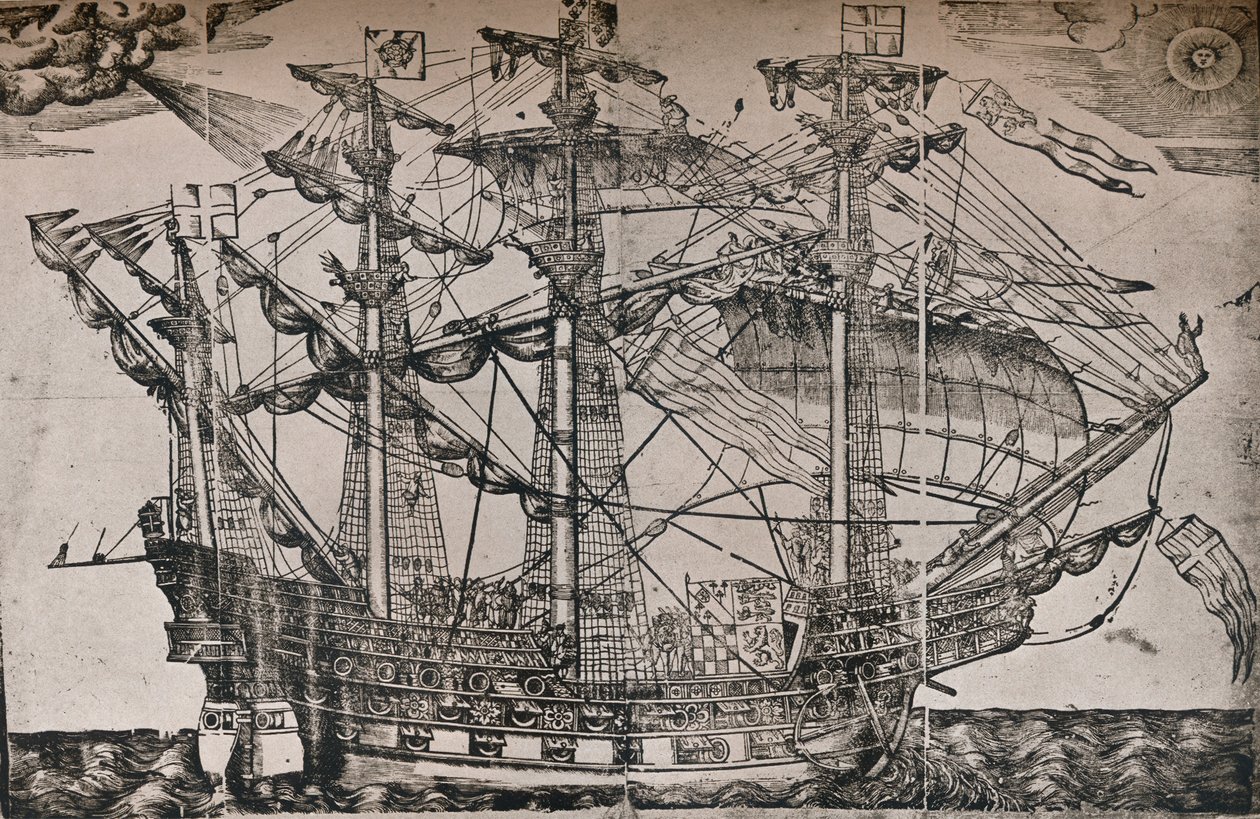 Un grabado en madera de un barco que se cree que es el Ark Royal, c. 1587 de Unbekannt