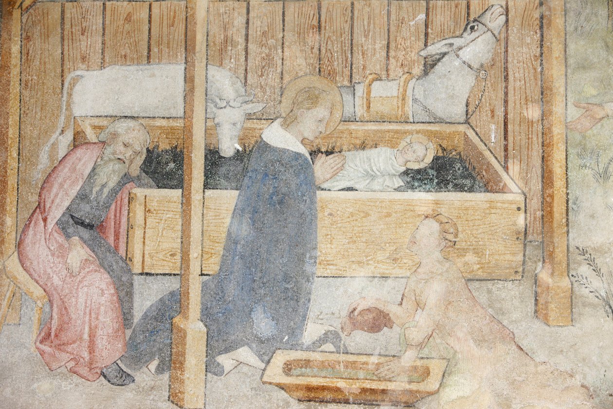 Fresco de la iglesia de la abadía de Abondance: escena de la natividad, Abondance, Francia de Unbekannt