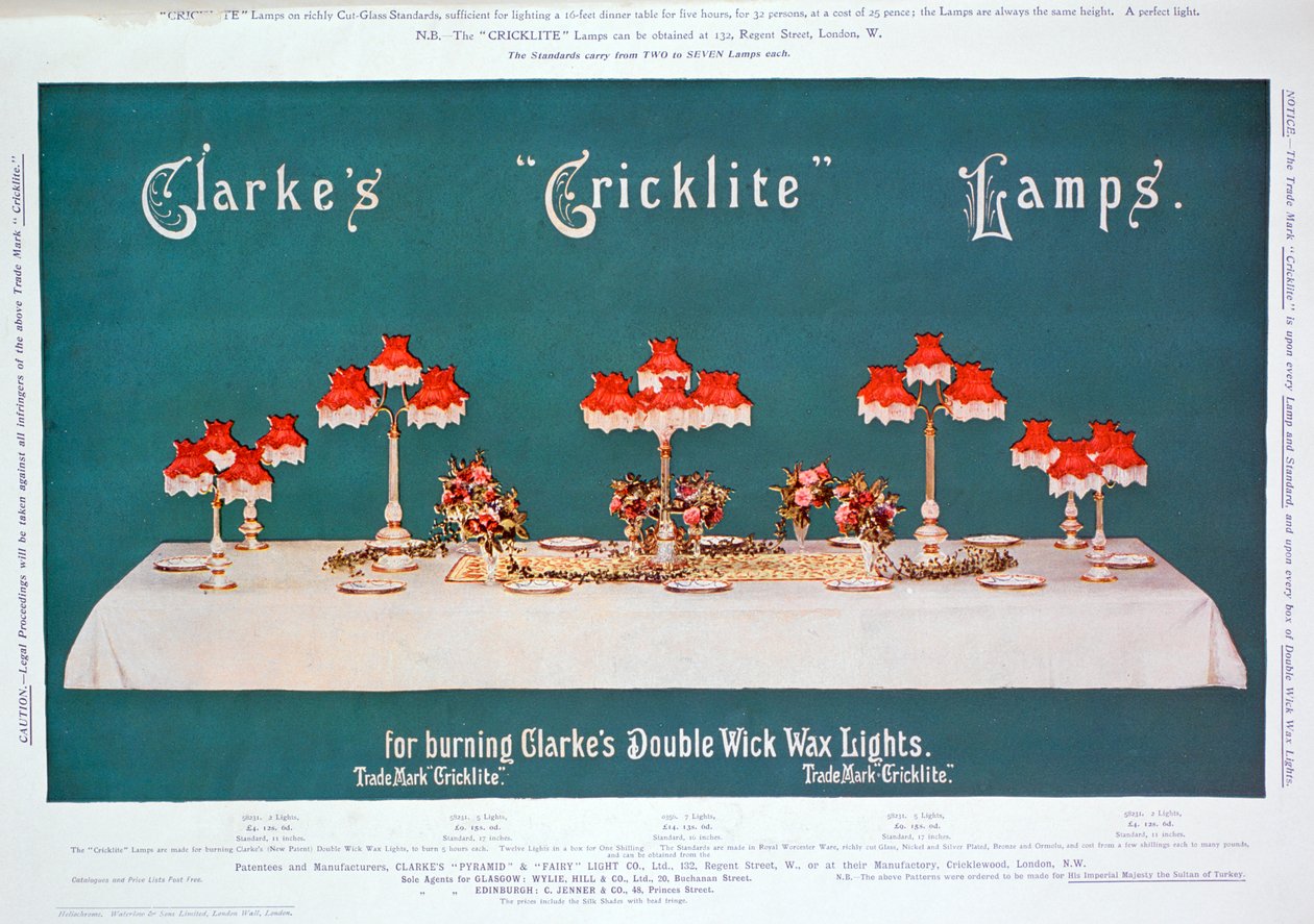 Anuncio de lámparas Cricklite de Clarkes, 1899 de Unbekannt