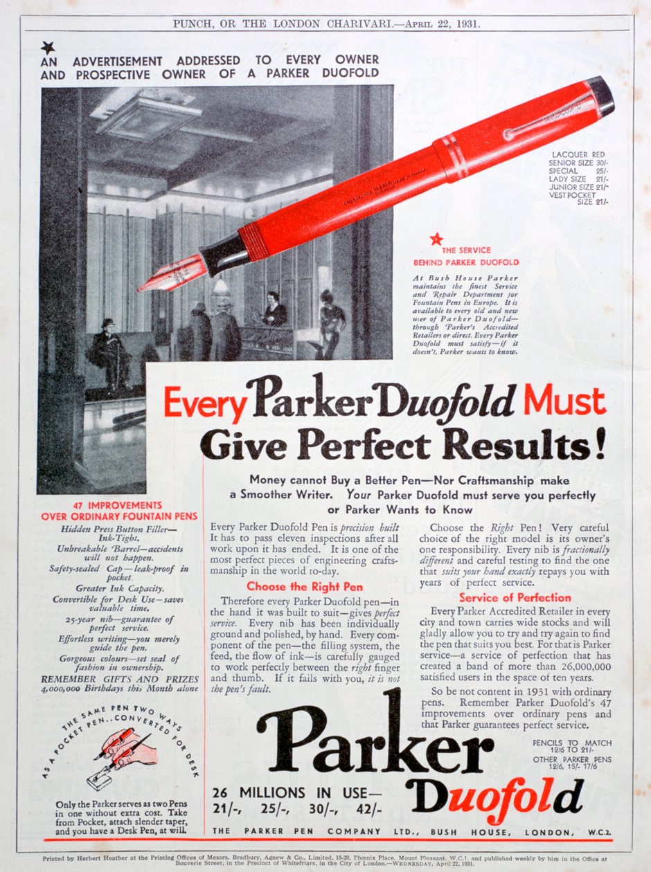 Anuncio de plumas Parker, 1931 de Unbekannt