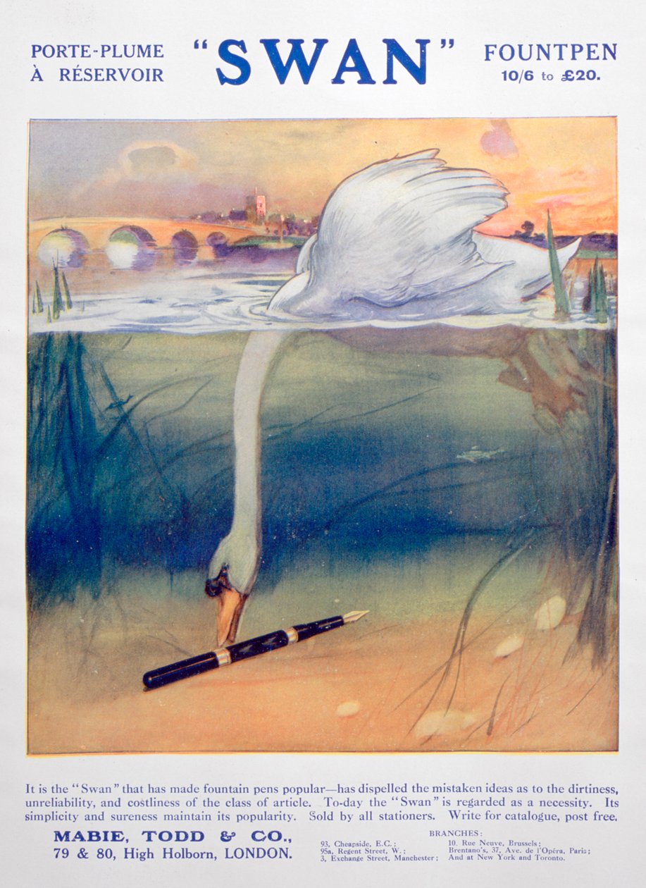 Anuncio de plumas fuente Swan, c1906 de Unbekannt