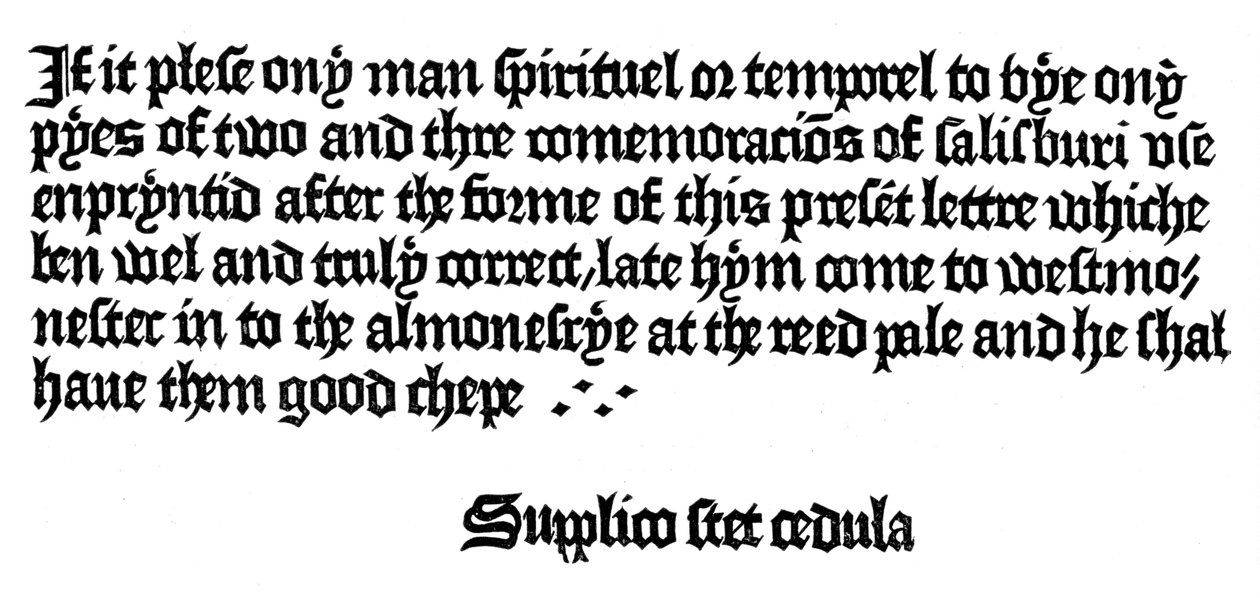 Anuncio de un libro impreso por William Caxton, siglo XV, 1893 de Unbekannt