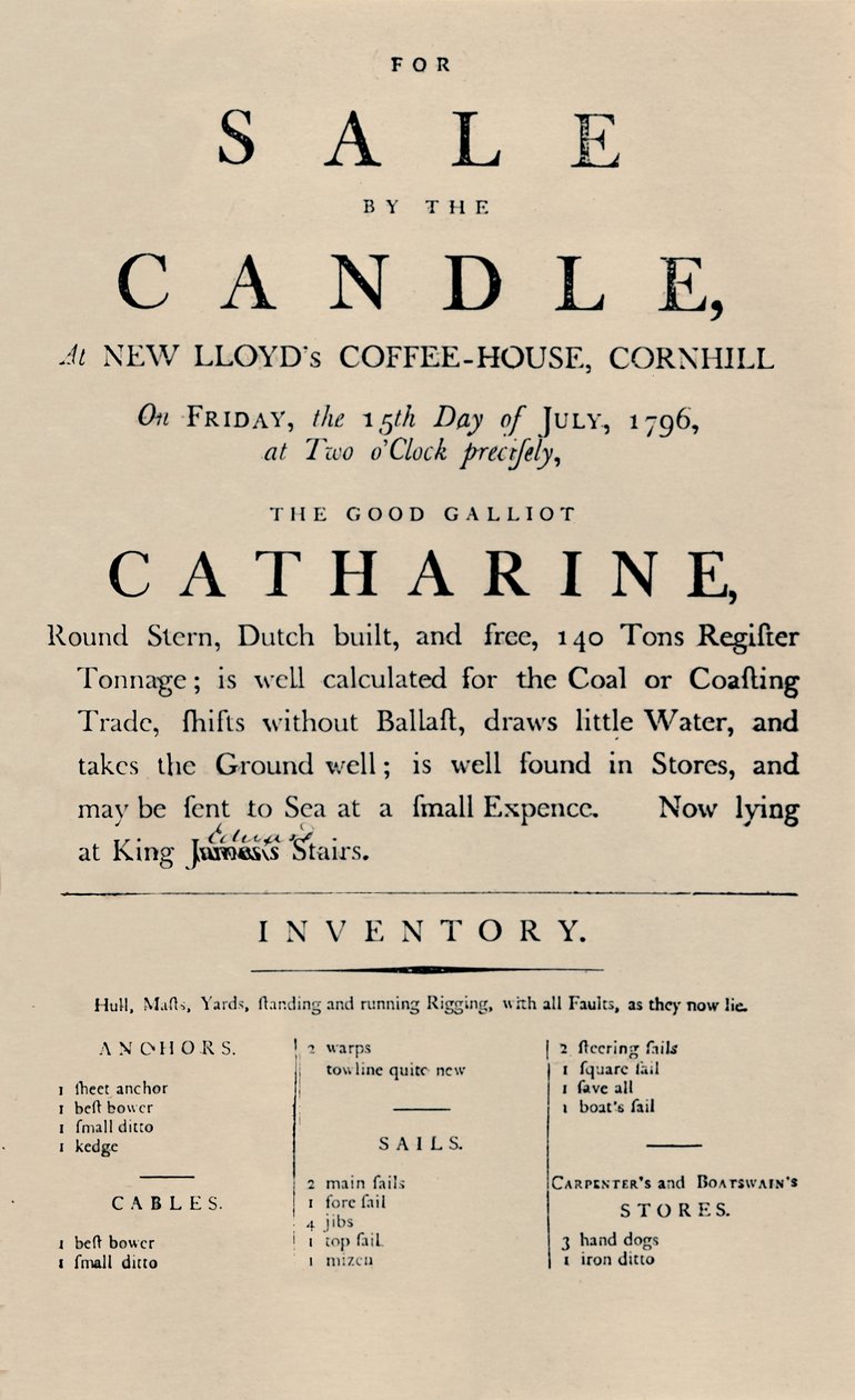 Anuncio de Venta por Vela en Lloyds, 1796, 1928 de Unbekannt