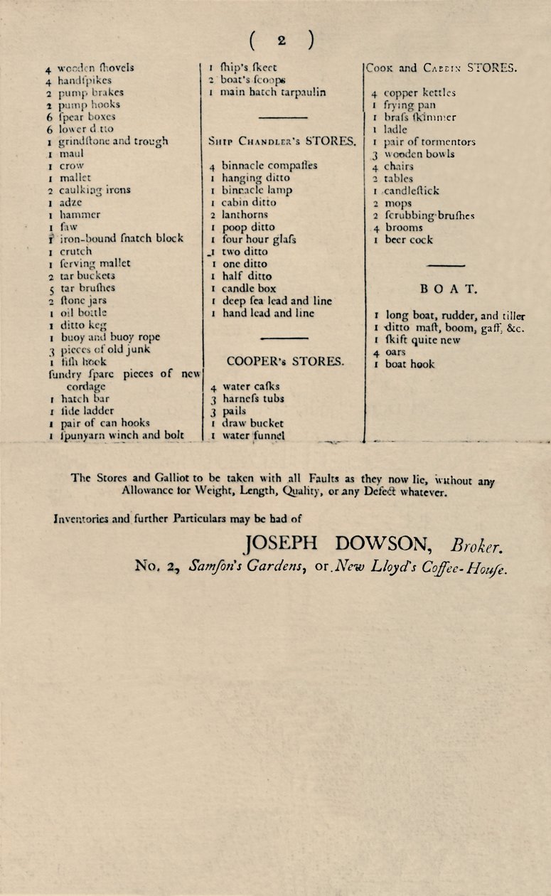 Anuncio de venta por vela en Lloyds, 1796 de Unbekannt