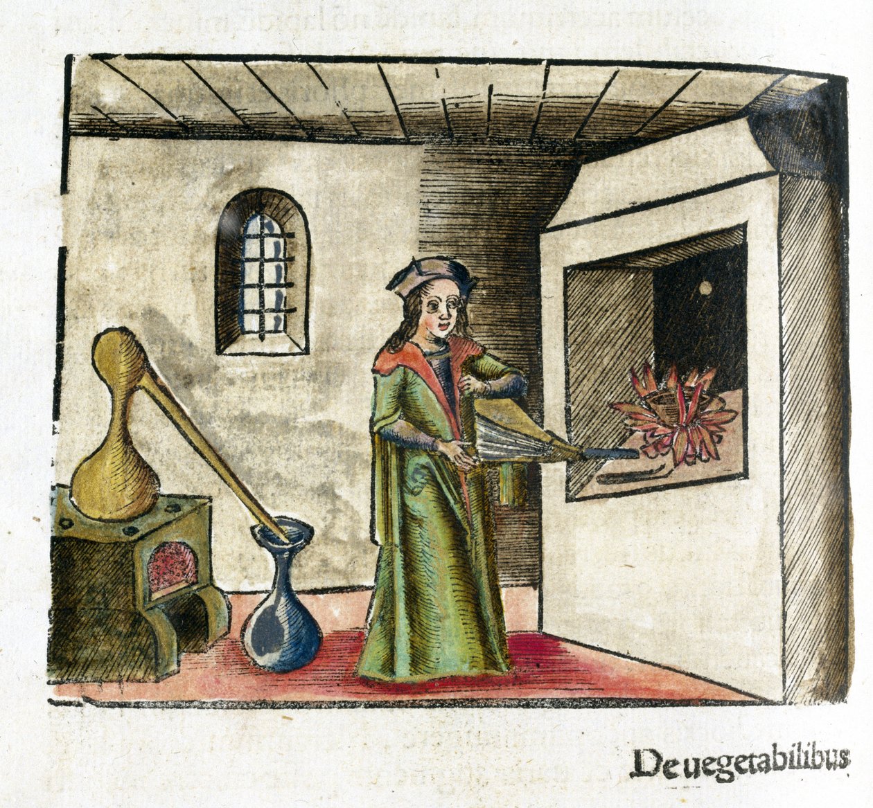 Alquimia siglo XVI: un alquimista trabajando, activando un fuelle frente a la chimenea de su taller, detrás de él, una estufa y un alambique de Unbekannt