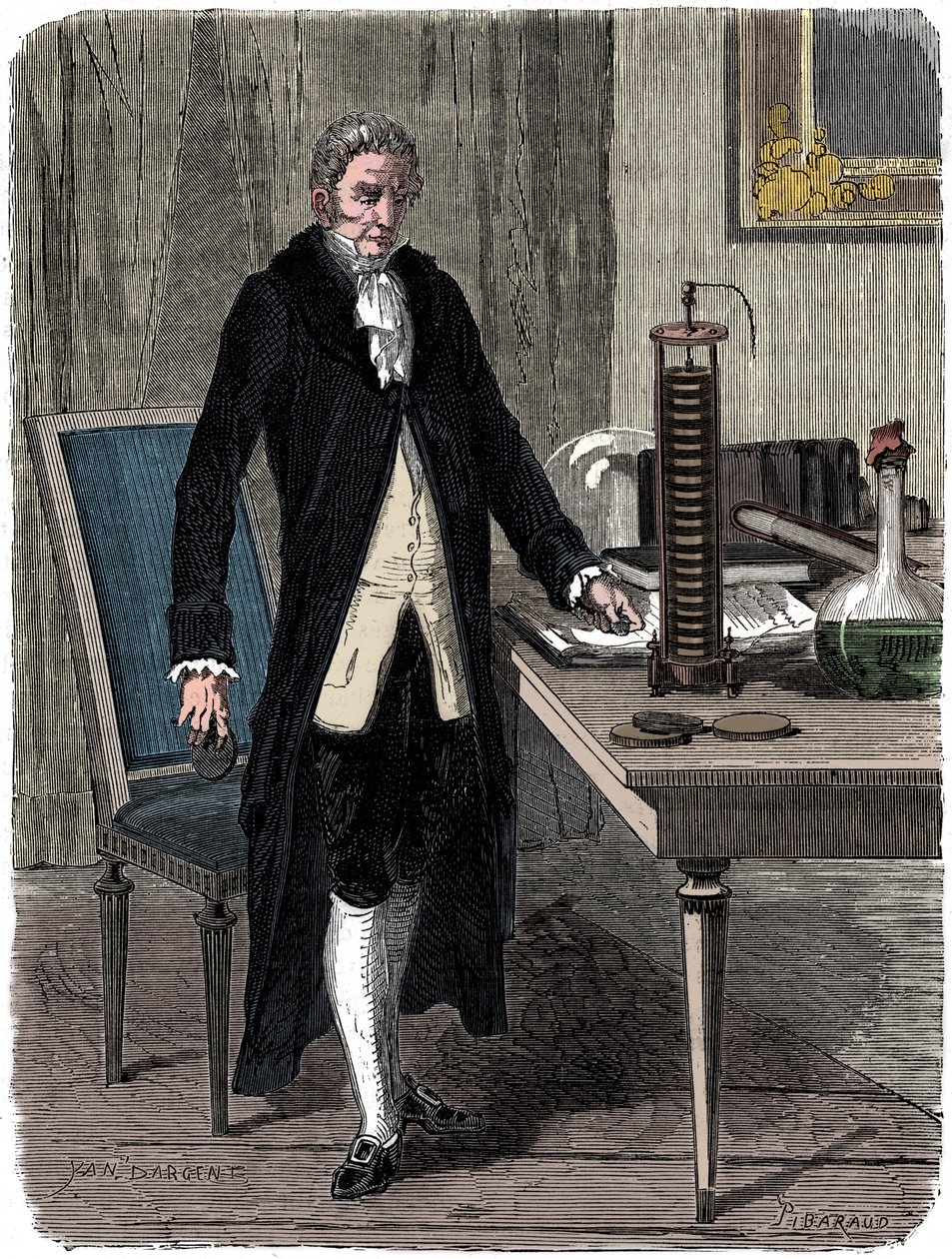 Alessandro Volta, físico italiano, demostrando su pila eléctrica, c1800 c1870 de Unbekannt