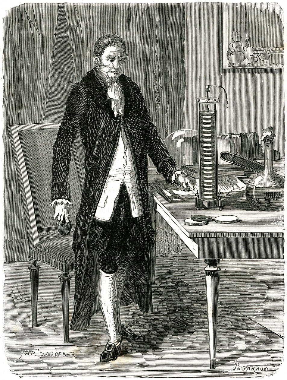Alessandro Volta, físico italiano, demostrando su pila eléctrica, c1800 c1870 de Unbekannt