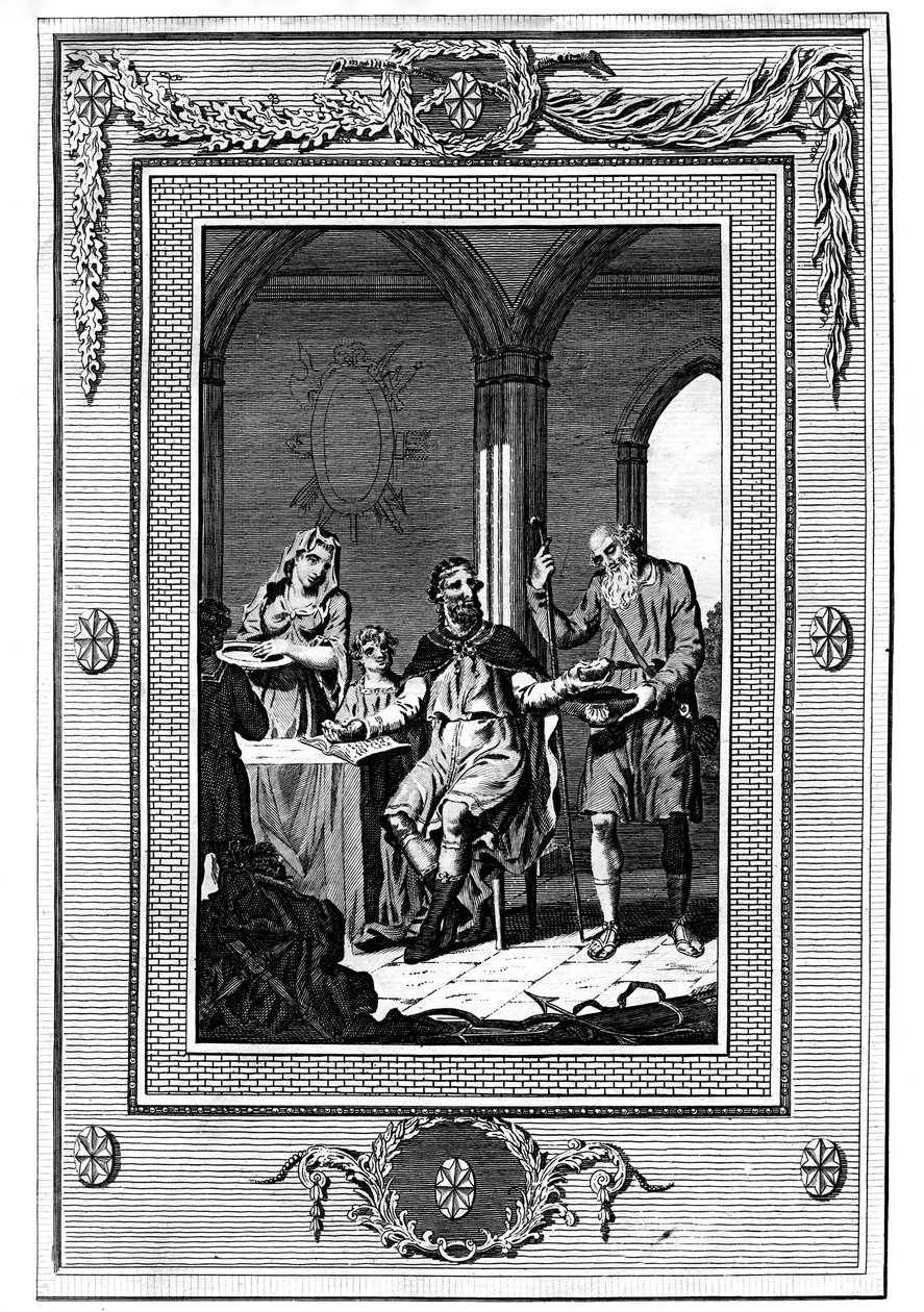 Alfredo el Grande dividiendo su pan con un pobre peregrino, siglo IX, 1772 de Unbekannt
