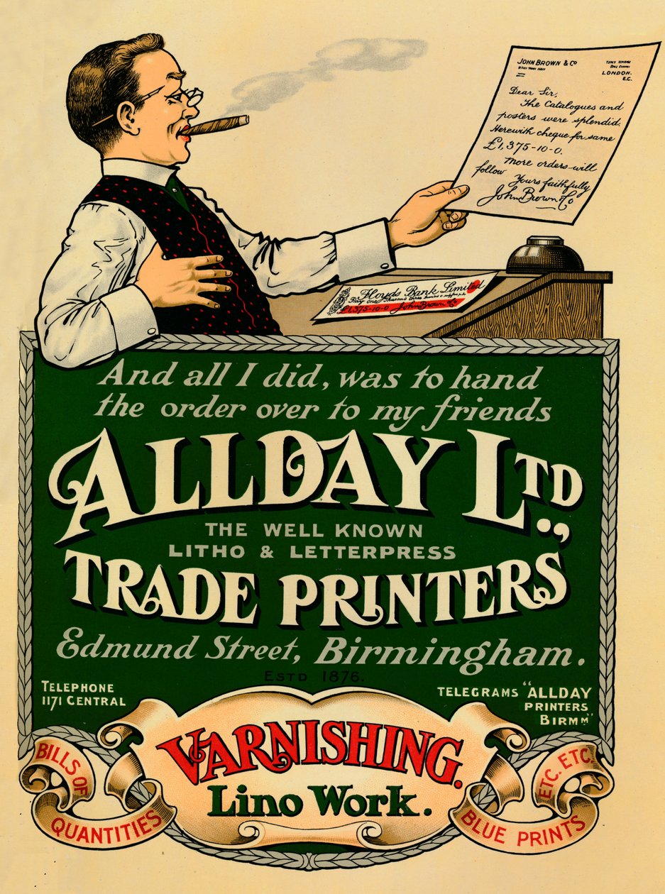 Anuncio de Allday Ltd., Impresores Comerciales, 1910 de Unbekannt