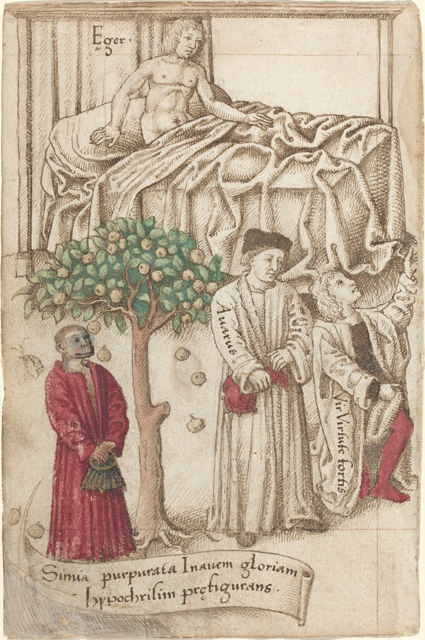 Un simio en púrpura con un hombre enfermo, un buen hombre y un avaro [fol. 36 verso], c. 1512-1515 de Unbekannt
