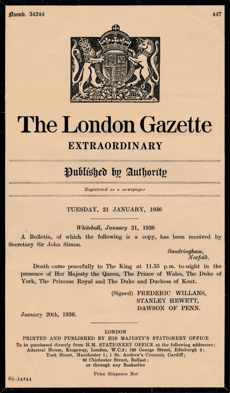 Un boletín extraordinario de The London Gazette anunciando la muerte del Rey Jorge V 1865-1936 de Unbekannt