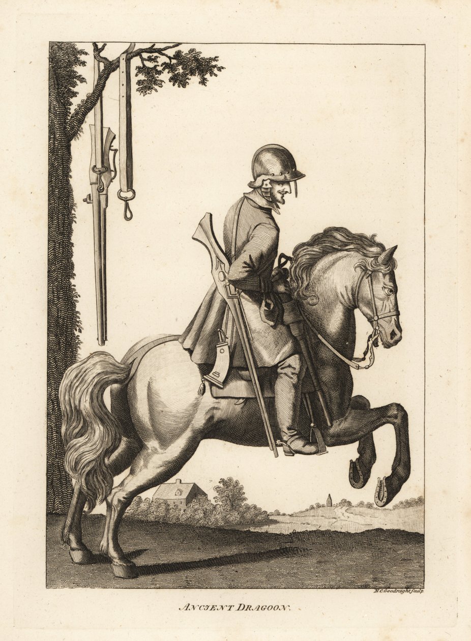 Antiguo dragón a caballo con casco, mosquete y cuerno de pólvora de Unbekannt