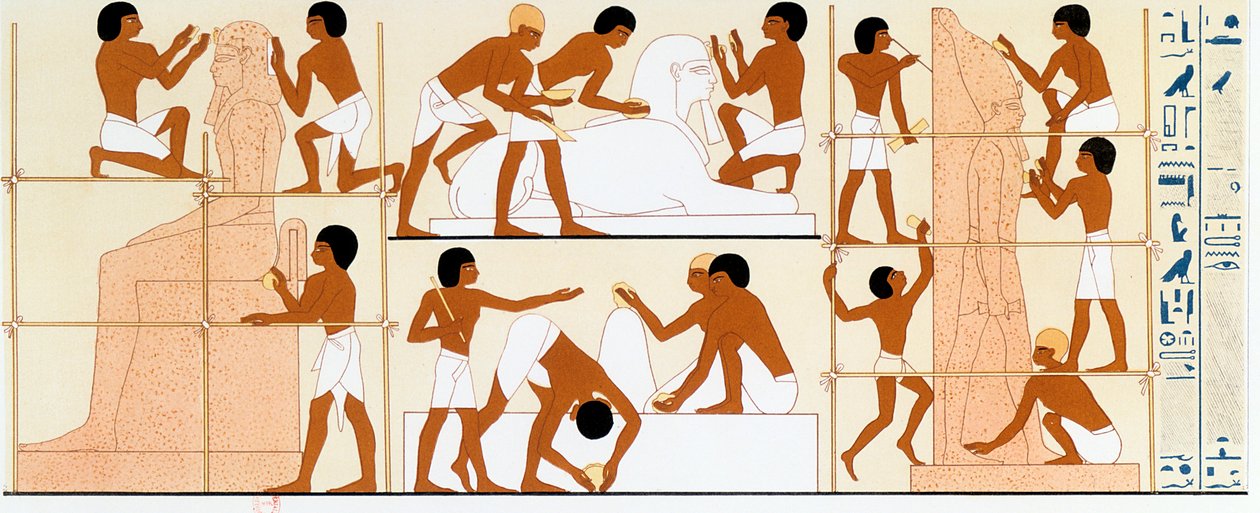 Escultores egipcios antiguos trabajando en estatuas, c. 1842-1845 de Unbekannt