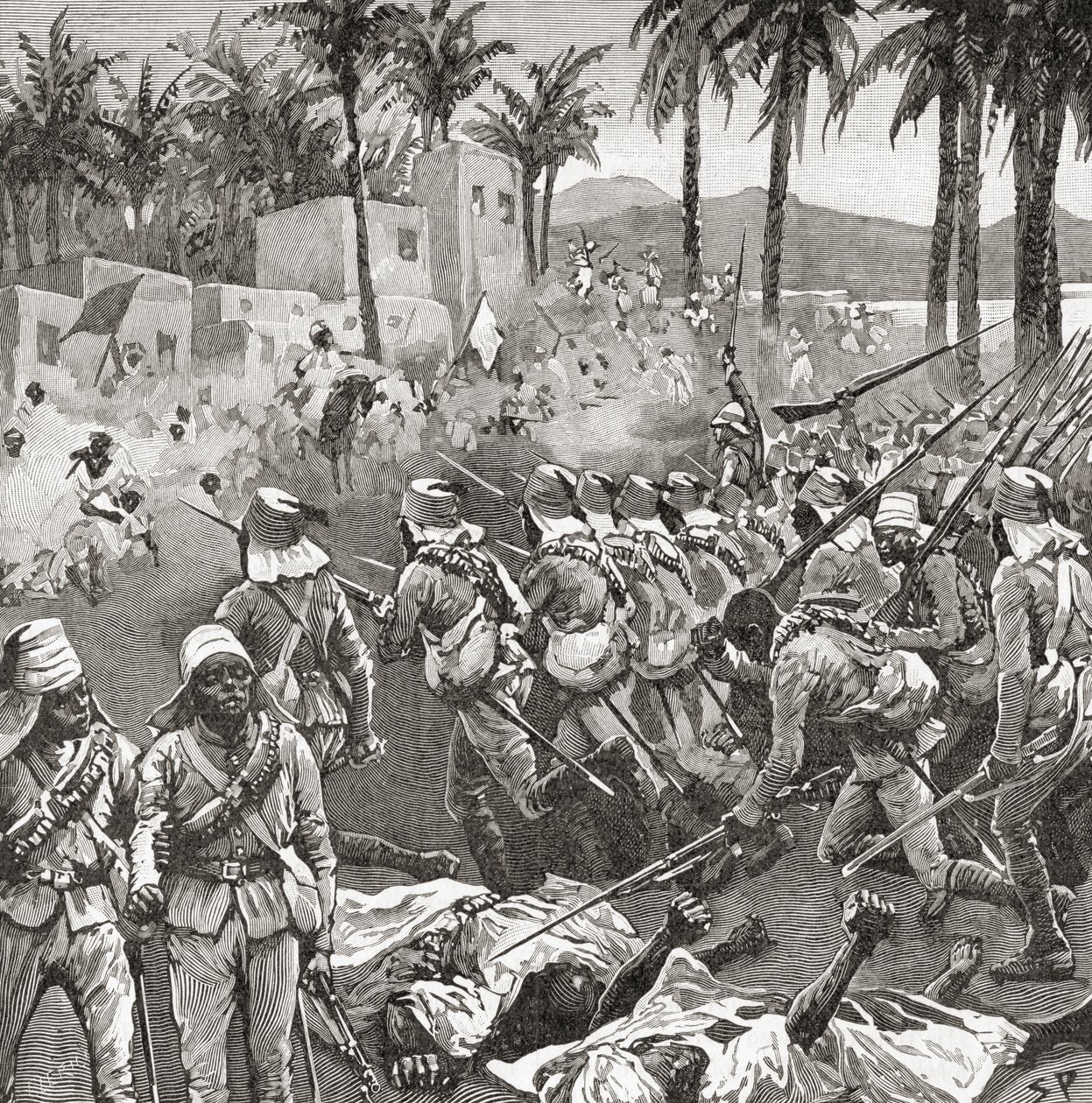 Tropas anglo-egipcias asaltan la aldea de Ferkeh en la batalla de Ferkeh o Firket, 7 de junio de 1896, durante la guerra mahdista de Unbekannt