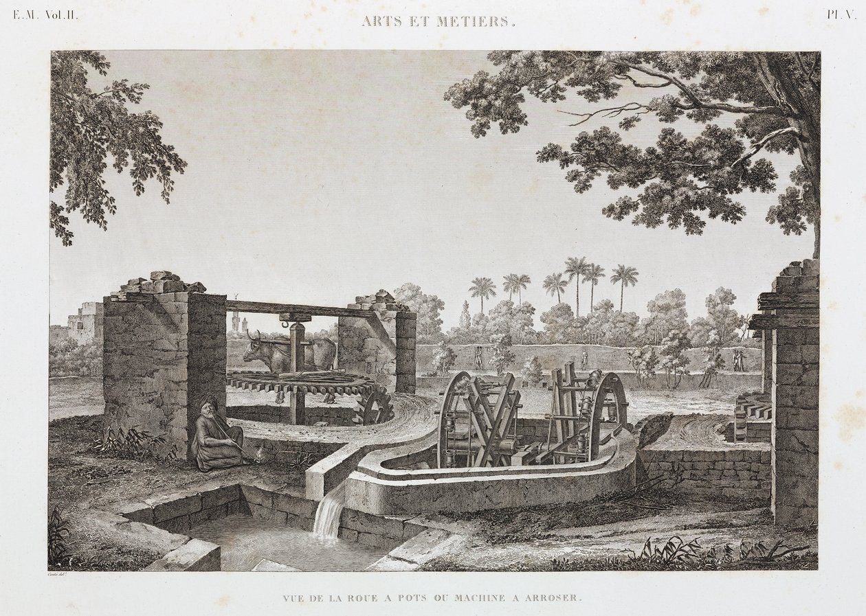 Rueda de poder animal y sistema de riego con cubo, Egipto, c. 1798 de Unbekannt