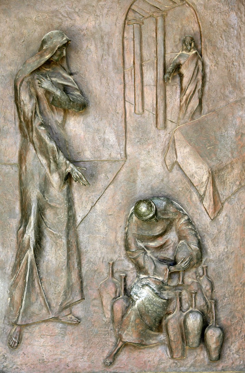 Escultura de la puerta de la basílica de la Anunciación: milagro de la boda en Caná, Nazaret, Israel de Unbekannt
