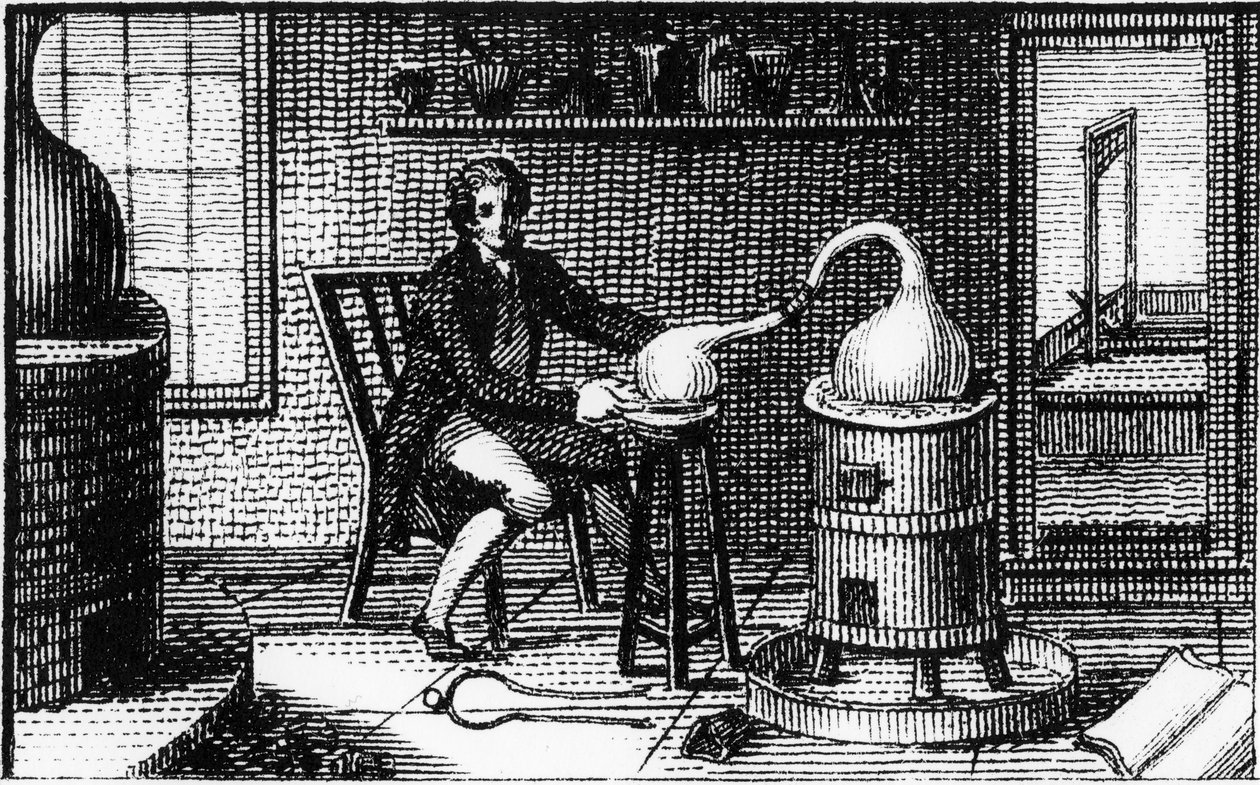 Antoine Laurent Lavoisier, químico francés del siglo XVIII, en su laboratorio de Unbekannt