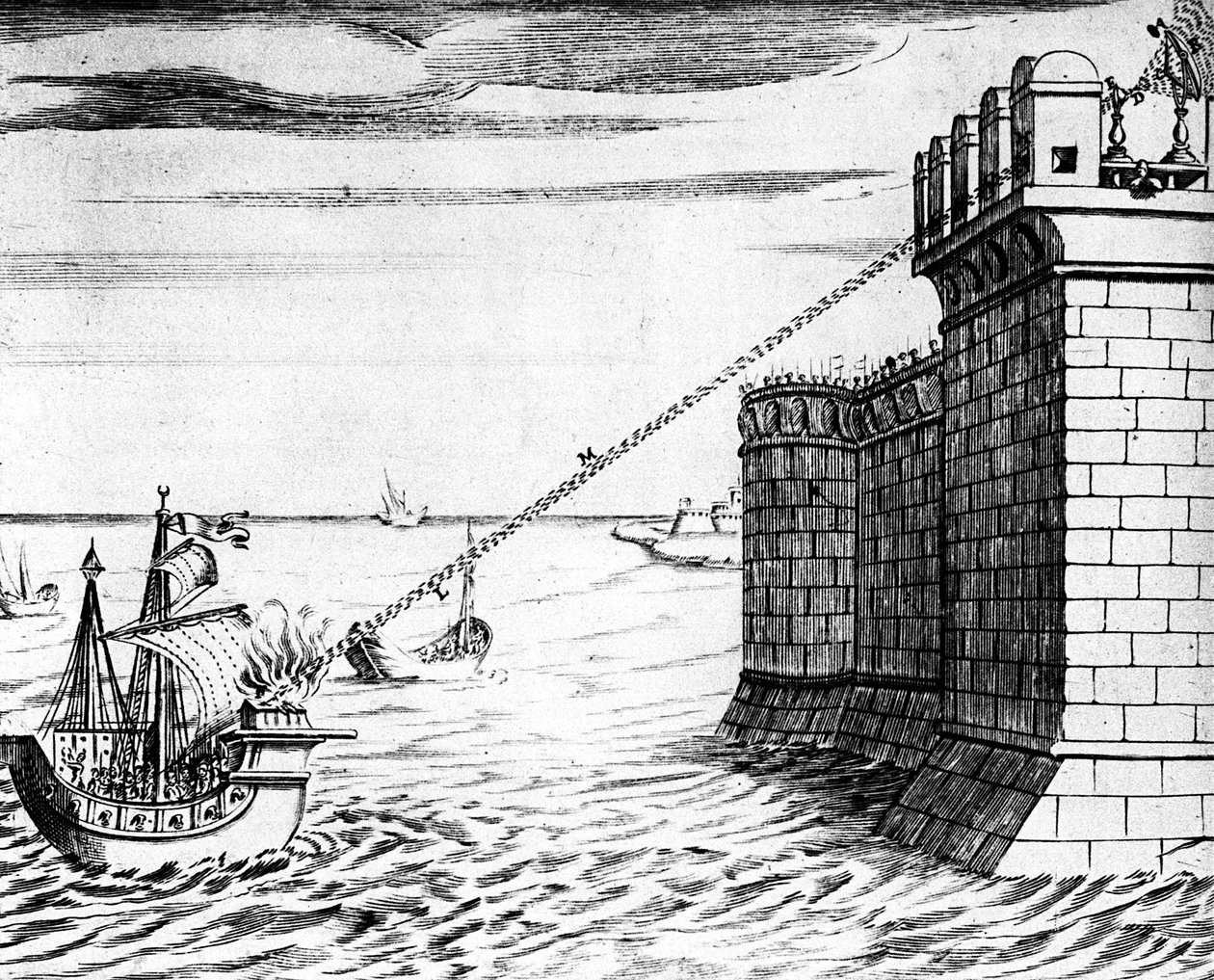 Espejo ardiente de Arquímedes, dispositivo usado en el asedio de Siracusa, 215-212 a.C., 1642 de Unbekannt