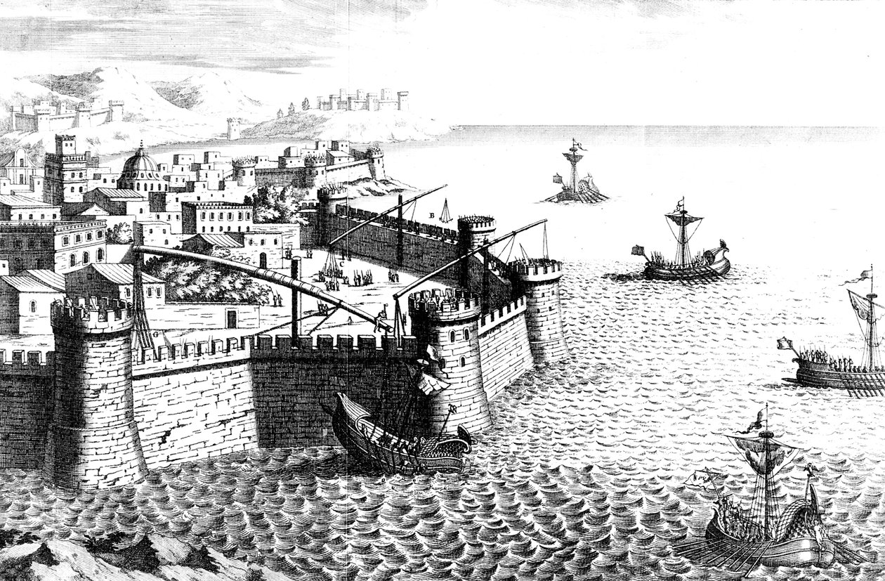 Cuervo de Arquímedes, dispositivo utilizado en el asedio de Siracusa, 215-212 a.C., siglo XVIII de Unbekannt